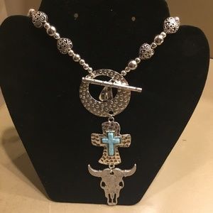 Silver and Turquoise Cross and Cow Skull Necklace